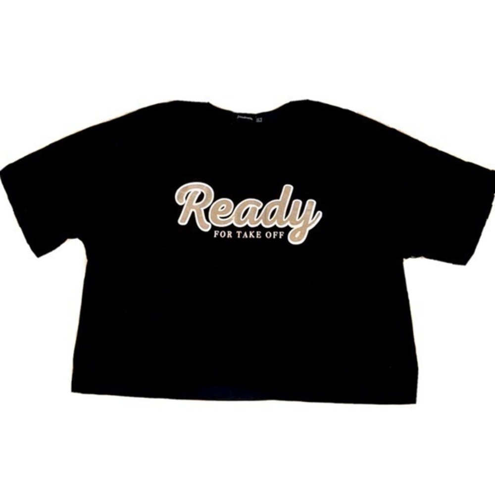 Stradivarius ASOS t-shirt ready for takeoff black cropped tee 8 gently preloved